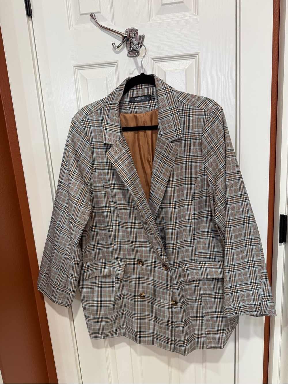Misguided Women's Oversized Plaid Double-Breasted Blazer - Tan/Blue